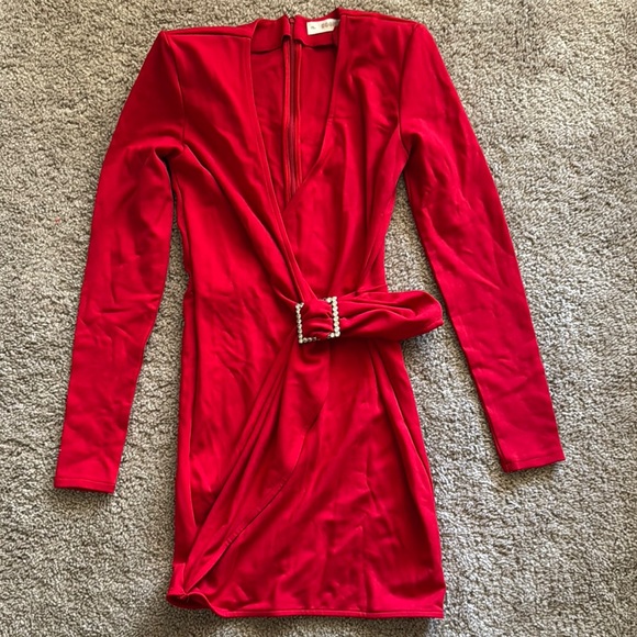 Red Long Sleeve Plunge Bodycon Cocktail Dress - Picture 1 of 5